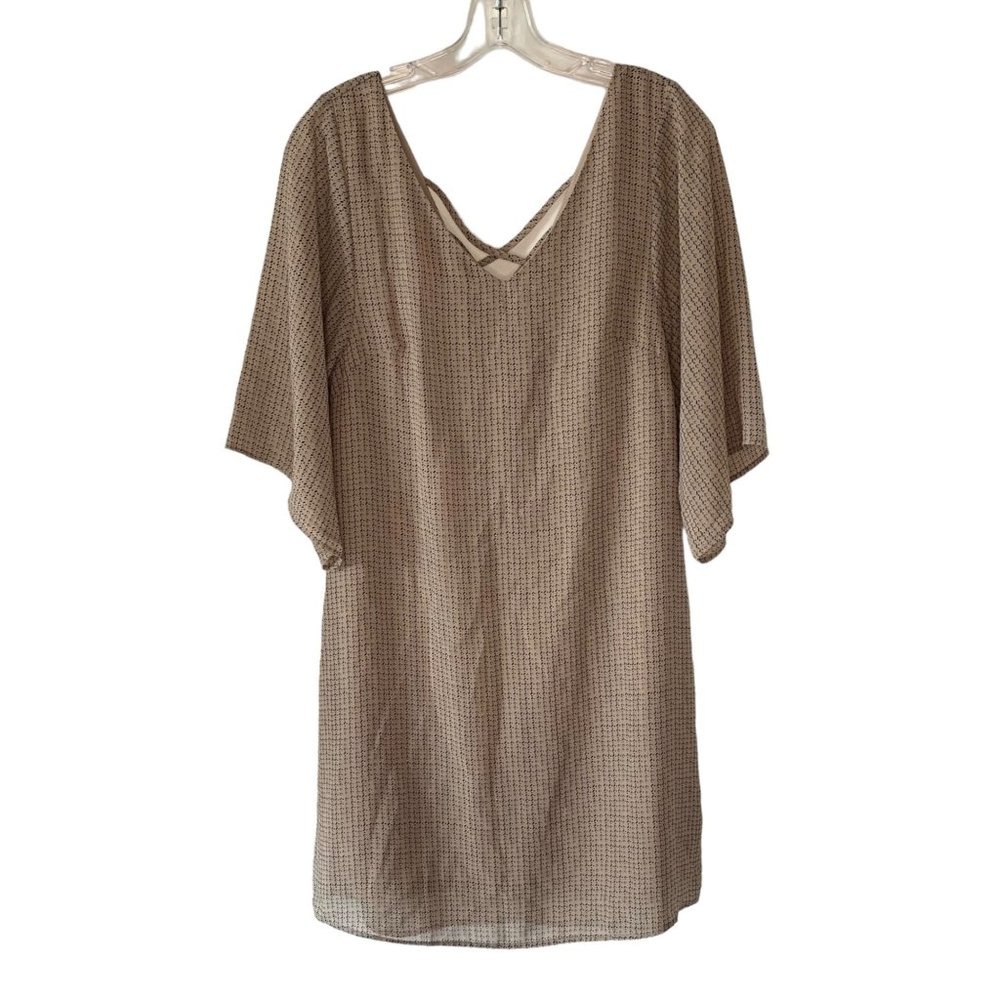 C APPAREL Taupe + Black V-Neckline Sheer Sleeve Lined Shirt Dress NWT Size Small